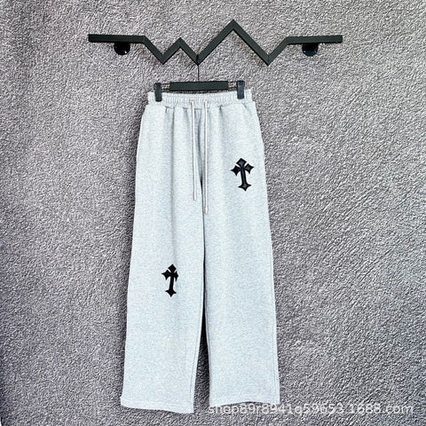 Chrome Hearts Wide-Leg Cross Applique Lounge Pants (Light Grey)