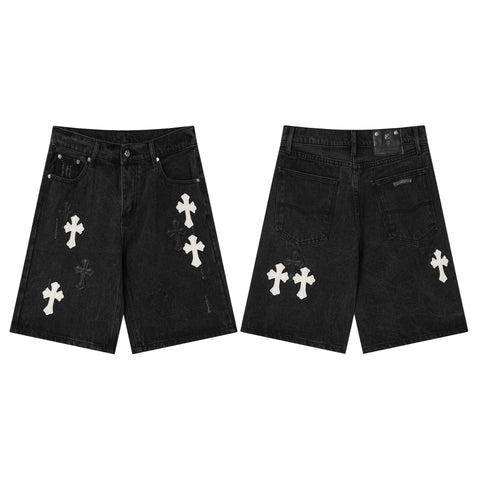 Chrome Hearts Black & White Cross Patch Denim Shorts