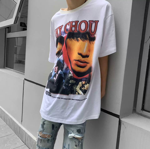Jay Chou Album White Ink Direct Spray VTG Short Sleeve Summer Versatile American High Street Heavy Cotton Half Sleeve T-shirt