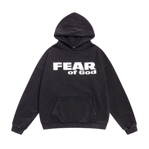 FEAR OF GOD FOG Main Line Letter Print Washed Ripped Fleece‑Lined Loose Hoodie