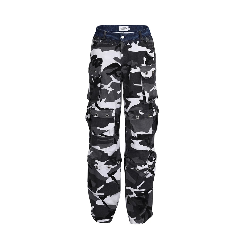 Black and white camouflage denim spliced waist, multi pocket shell pants, cargo pants, work pants for men from the street