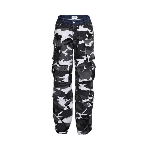 Black and white camouflage denim spliced waist, multi pocket shell pants, cargo pants, work pants for men from the street