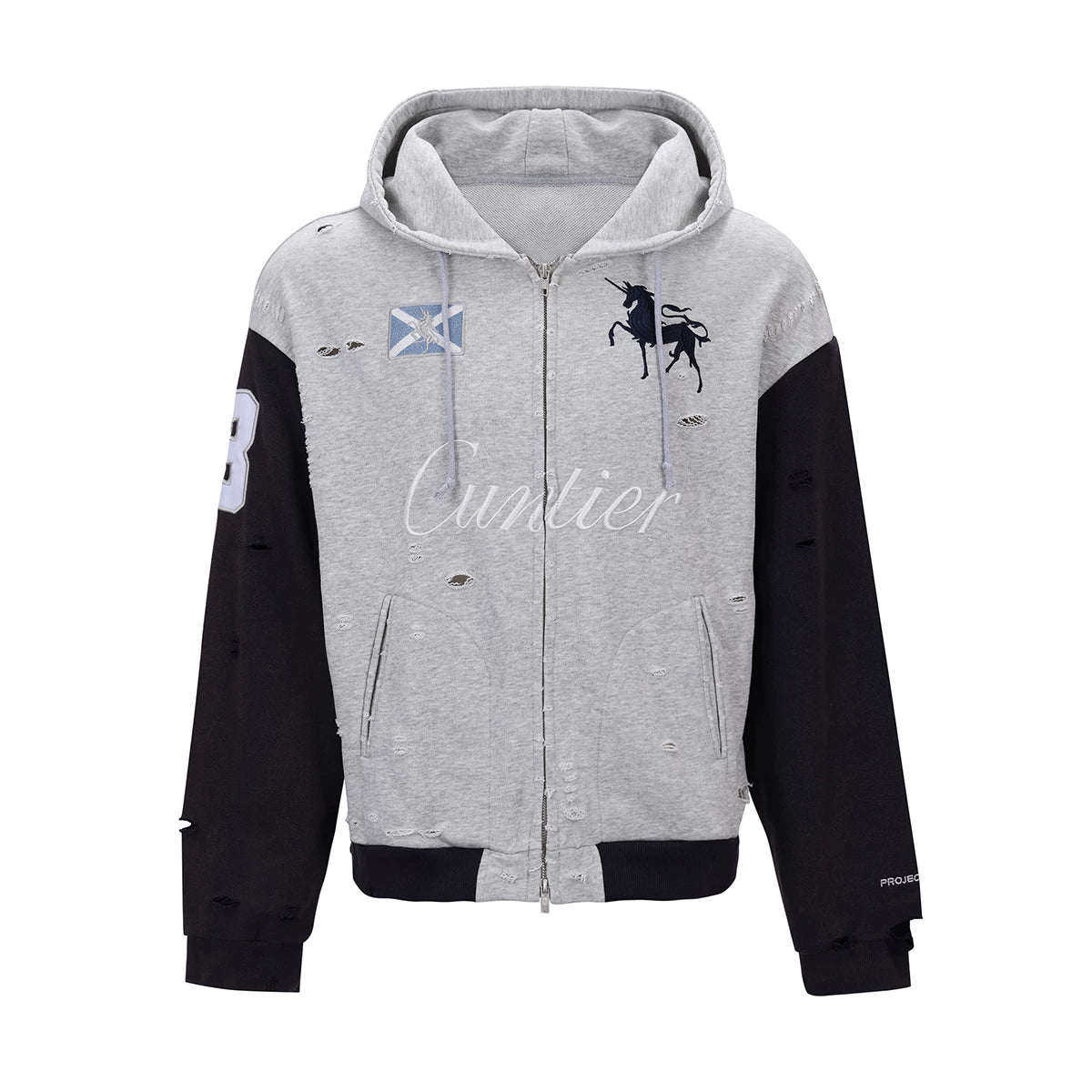 From THE STREET, street washed, worn, embroidered, zippered cardigan, hooded sweatshirt, jacket