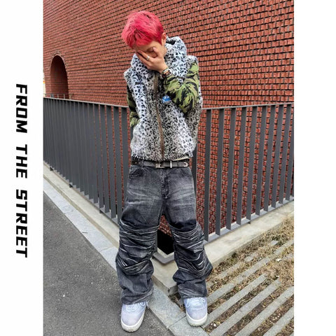 From THE STREET, a street style light Asian imitation leopard print embroidered autumn and winter vest jacket for men