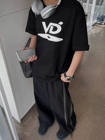 VUJADE KENIJIMA black and white short sleeved CD letter printed round neck casual heavyweight T-shirt from the street