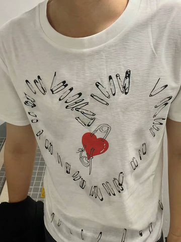 From Street American Versatile Love Pin Shoulder Short Fit Short Sleeve T-shirt Base Versatile Men's and Women's Summer