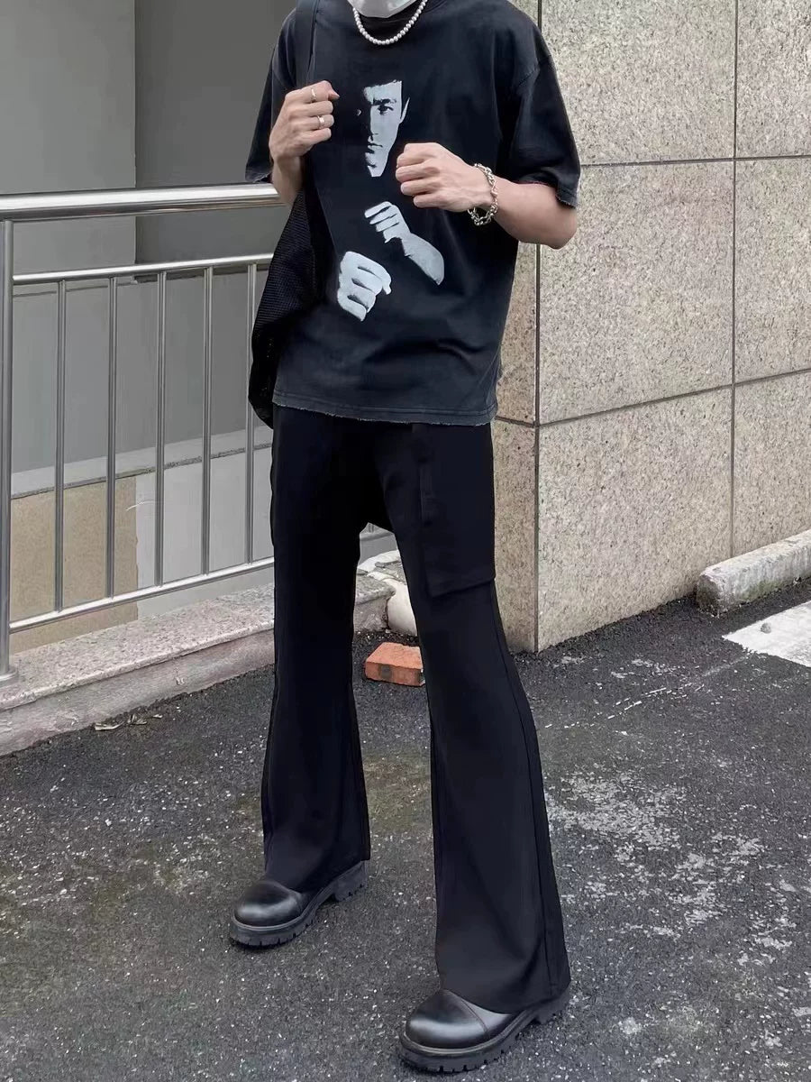 李小龙人像水洗做旧短袖白墨直喷印花vintage高街复古半袖t恤男女