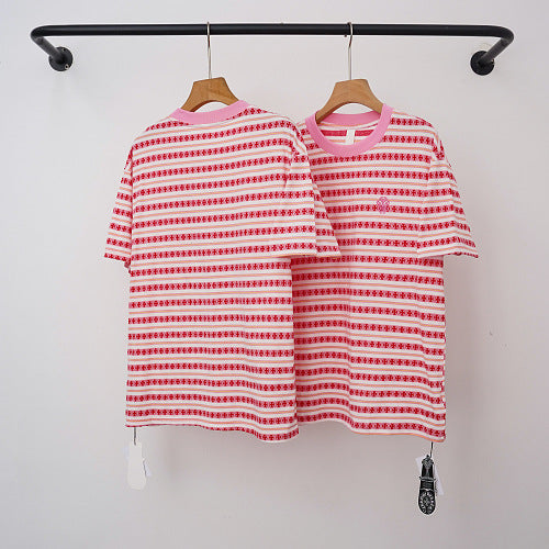 Chrome Hearts Monogram Striped Short Sleeve T-Shirt (Pink/White)