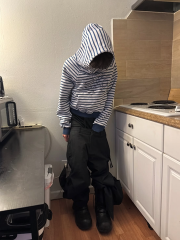 From THE STREET Street Sea Soul Striped Graffiti Hoodie Waist Short Wide Boxyfit Hoodie Male
