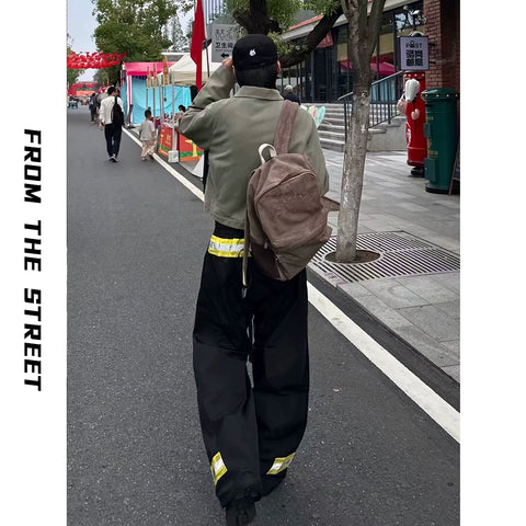 From street firefighting work pants with curved knives, three-dimensional silhouette, loose and wide legs, stacked reflective casual skiing pants