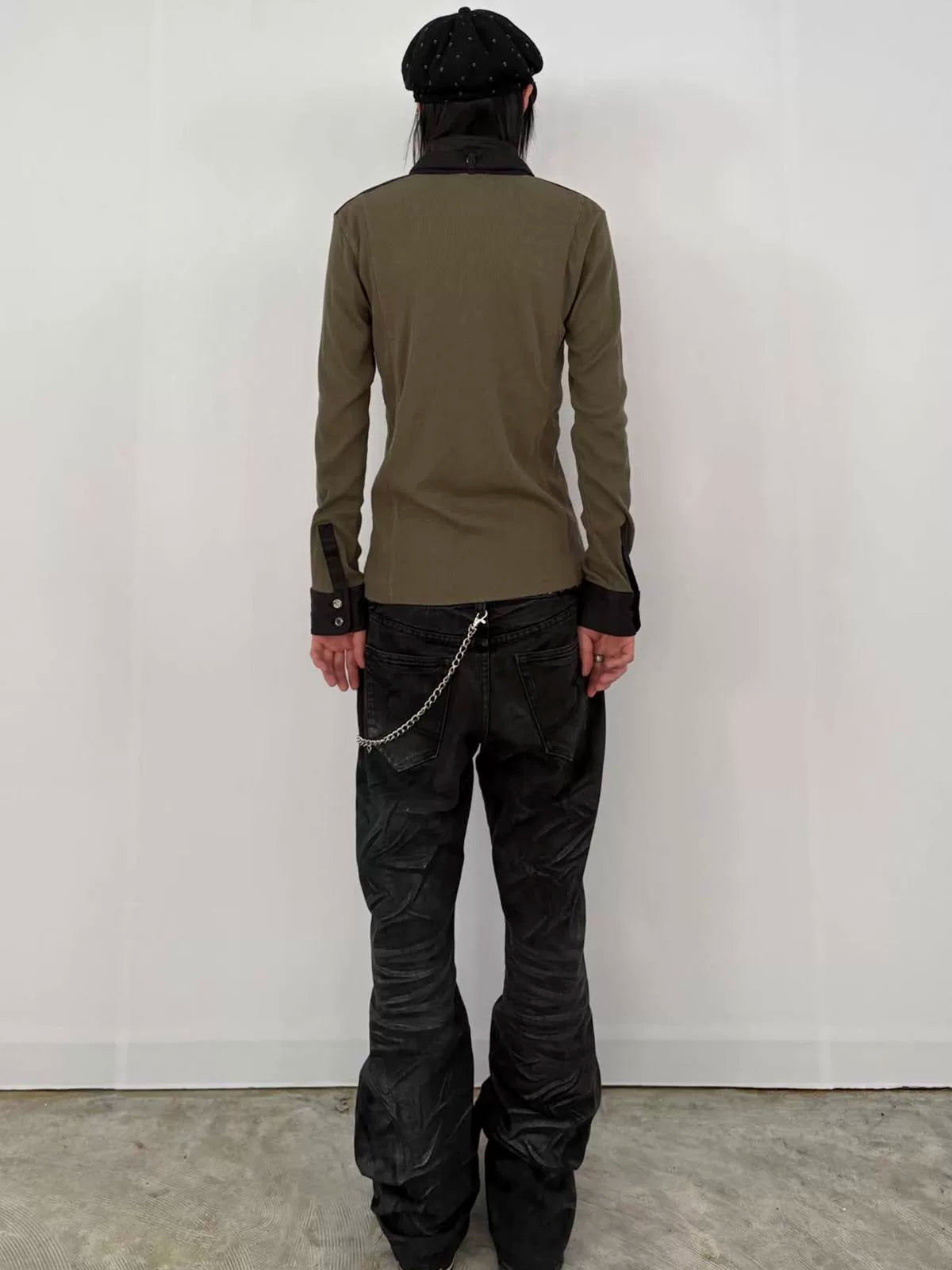 From THE STREET Street Texture Knitted Early Autumn Slimming Splicing Bottom Shirt Henry Collar Hoodie