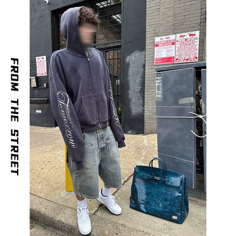 From THE STREET: Street French Blue Waffle Laundry Printed Cardigan Hoodie Hoodie