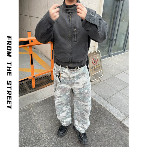 From the street gray white camouflage loose baggy silhouette stacking casual denim pants worn out pilling work pants