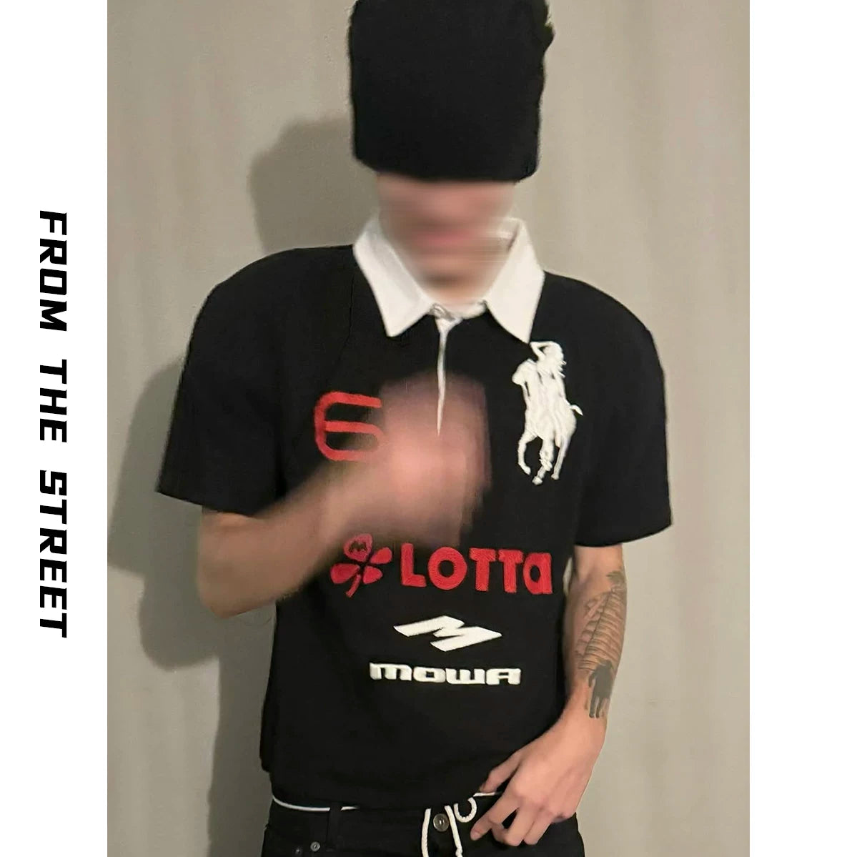 From the street style retro parody embroidery shoulder polo collar top men's summer casual short sleeved loose T-shirt