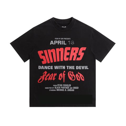 FEAR OF GOD FOG Letter Print Retro Black Crew Neck Short Sleeve Tee