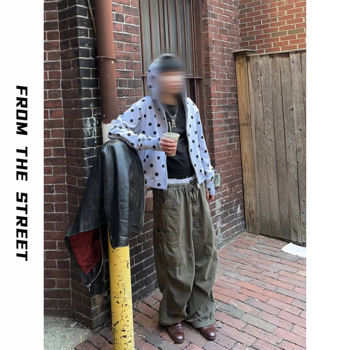 From THE STREET: Street polka dot shoulder short zipper hooded cardigan sweatshirt jacket for men and women