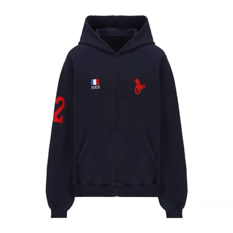 From THE STREET: Street Warrior, Embroidered, Bruveled, Washed, Used, Zippered, Loose Hooded Hoodie