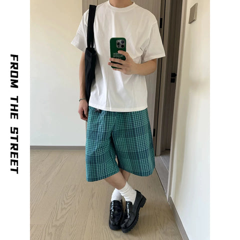 Japanese retro blue checkered shorts from the street, men's loose straight leg summer versatile casual five inch shorts ins