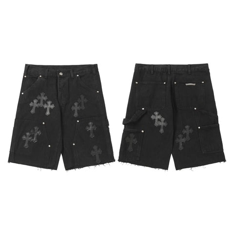 Chrome Hearts Black Heavy Wash & Tonal Cross Patch Denim Shorts