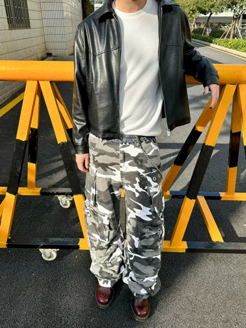 Black and white camouflage denim spliced waist, multi pocket shell pants, cargo pants, work pants for men from the street