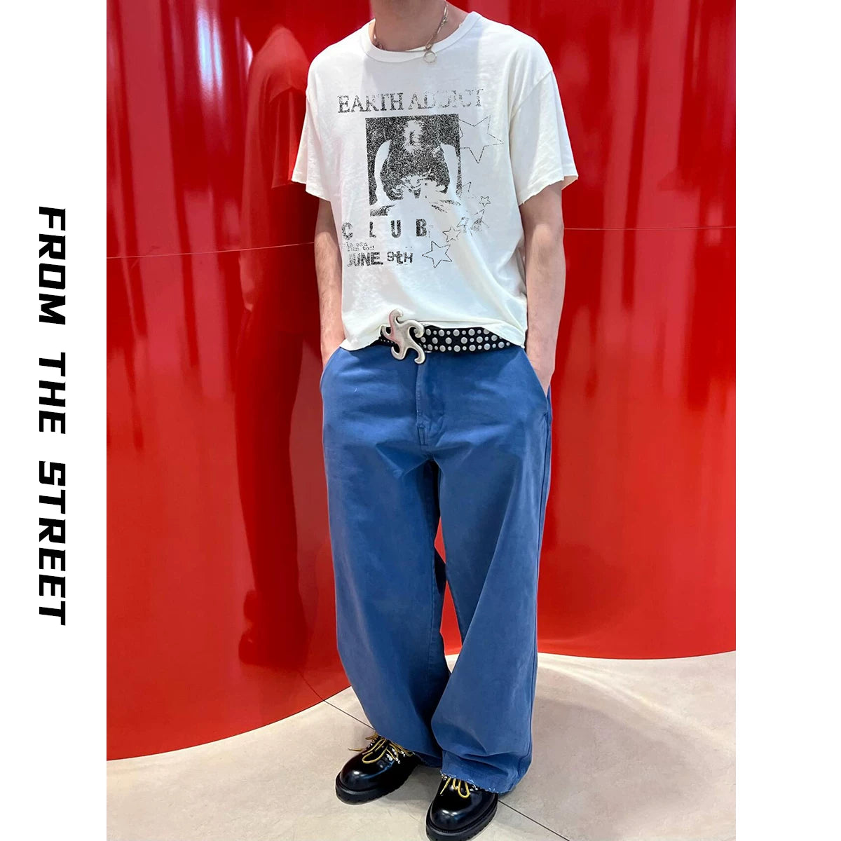 From the street retro five pointed star print single seam short sleeved worn-out Vintage lightweight short cut destructive T-shirt