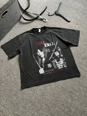 TSAOOJ Wash Kill Bill Movie T-shirt Vintage Vintage Vintage distressed short width pure cotton cleanfit short sleeved