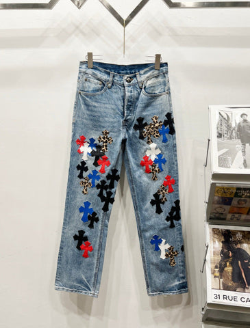 Chrome Hearts Multi-Color & Leopard Cross Patch Denim Jeans