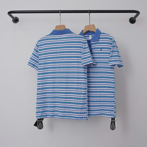 Chrome Hearts Monogram Striped Short Sleeve Polo Shirt (Blue/White)