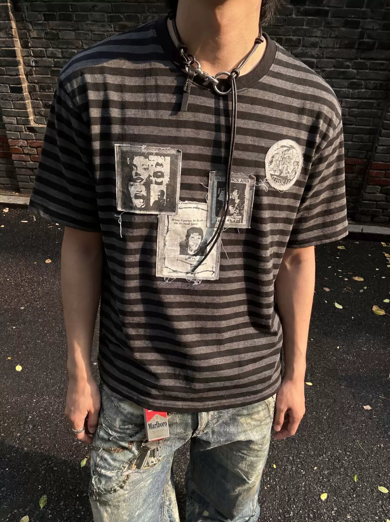 TSAOOJ black and gray striped fabric with fringed short sleeves, American retro, niche, light Asian street splicing T-shirt for men and women