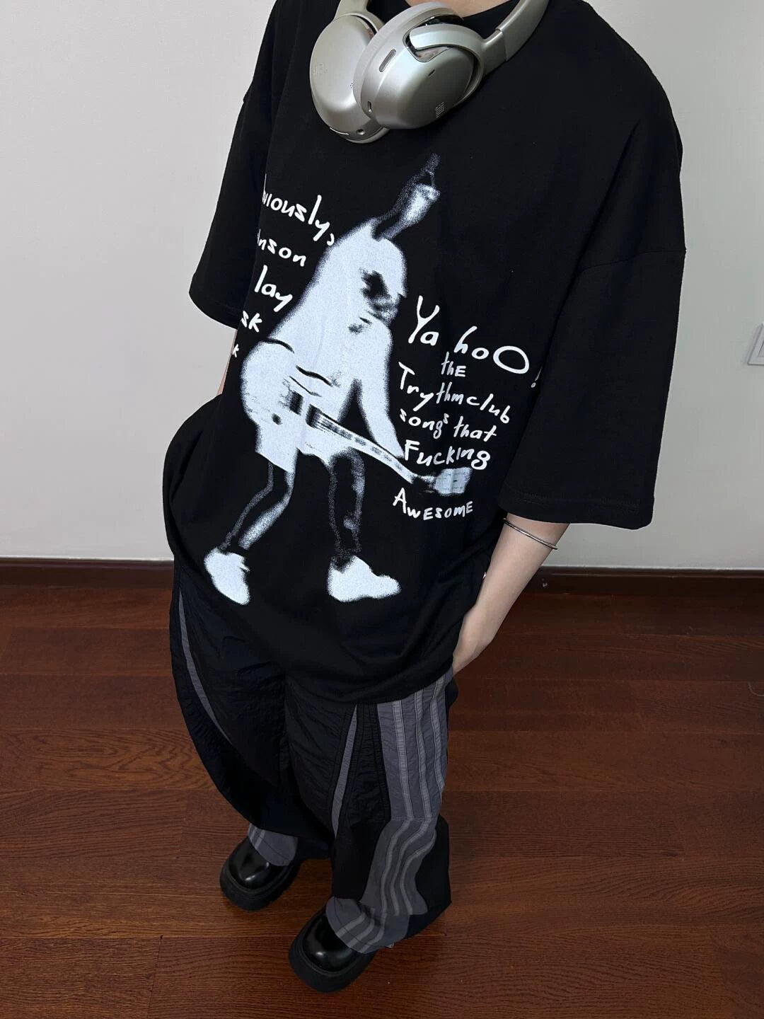 TSAOOJ American High Street White Ink Digital Direct Spray Printing 320g Heavy duty Cotton Small Collar Loose Half Sleeve