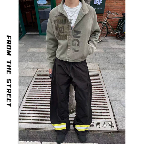 From street firefighting work pants with curved knives, three-dimensional silhouette, loose and wide legs, stacked reflective casual skiing pants