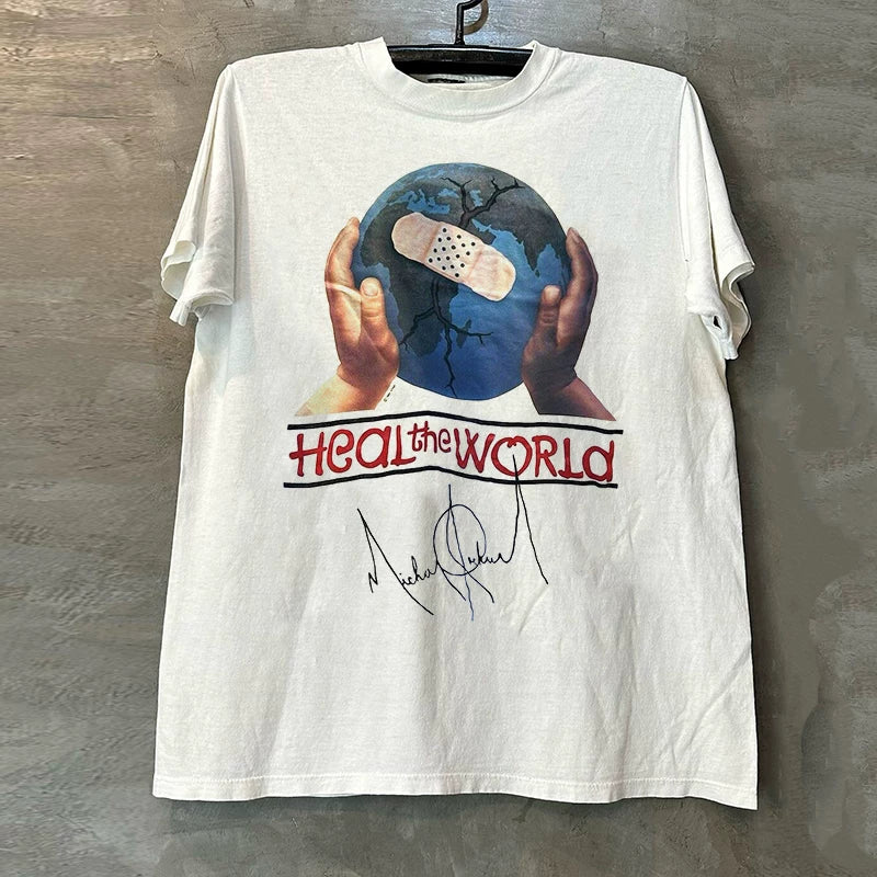 Heal the World Michael Jackson Album Cover Short Sleeve T-shirt Vintage Handsome Half Sleeve Trendy