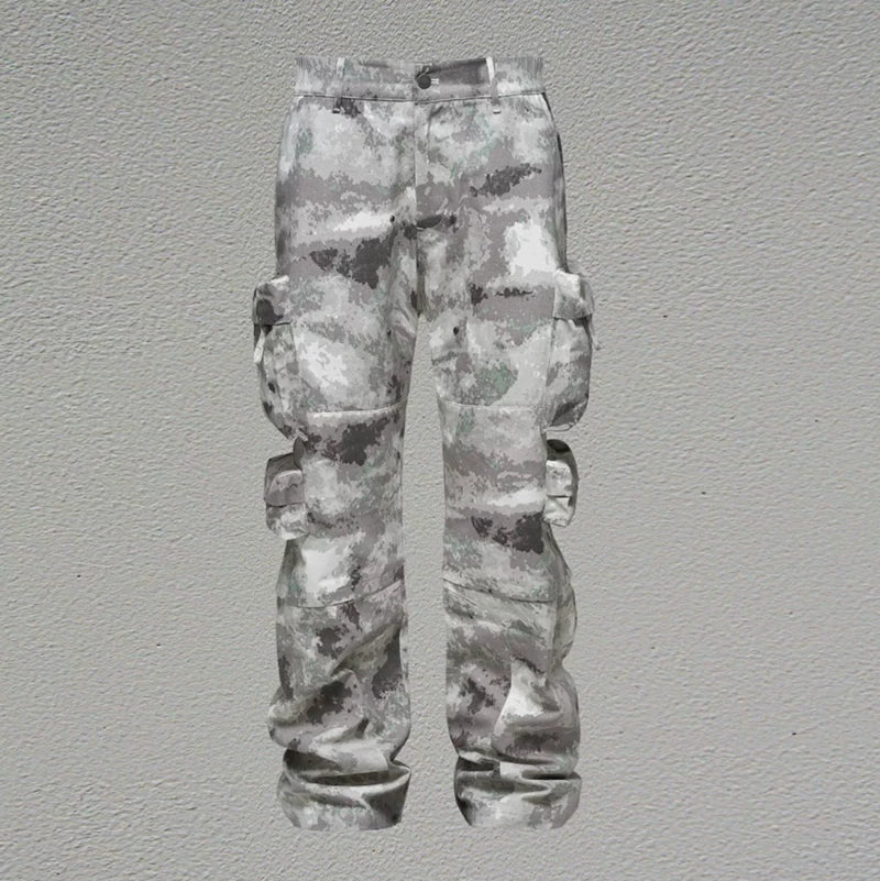 From Street American Street Snowflake Camouflage 3D Multi Pocket Zipper Work Pants Loose Straight Leg Wide Leg Pants