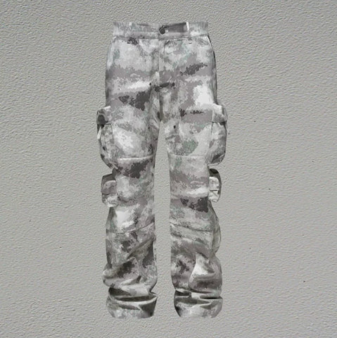 From Street American Street Snowflake Camouflage 3D Multi Pocket Zipper Work Pants Loose Straight Leg Wide Leg Pants